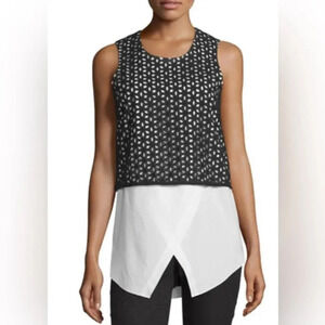Derek Lam 10 Crosby sz 8 tank blouse white with black pointelle fabric layer top